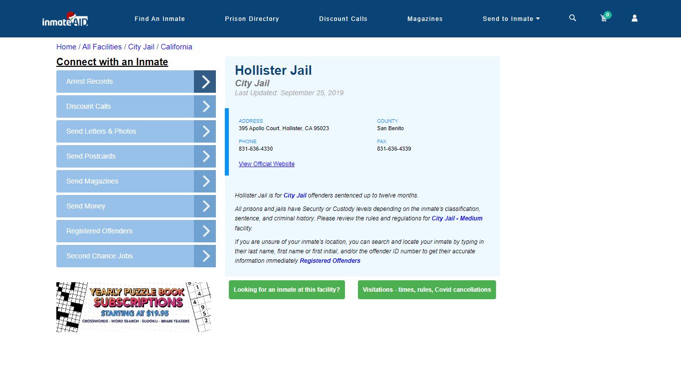 Hollister Jail | Inmate Locator