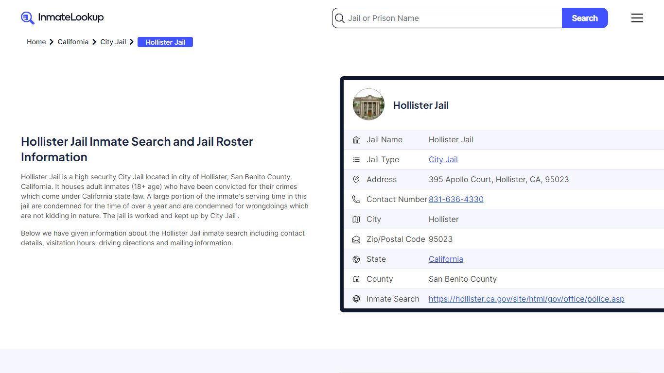 Hollister Jail (CA) Inmate Search California - Inmate Lookup